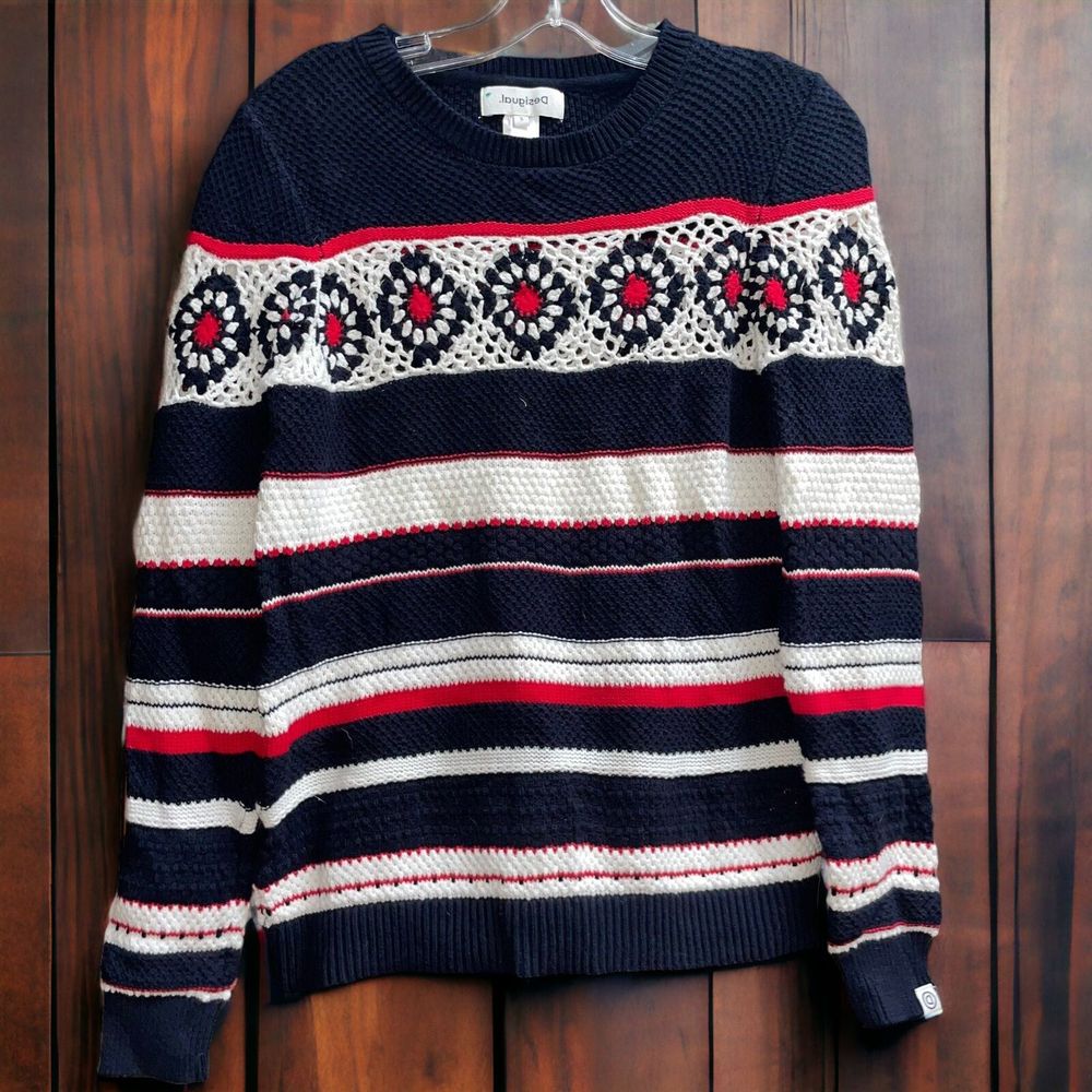 Desigual S Red White & Blue Crochet Granny Square Sweater - Picture 1 of 6
